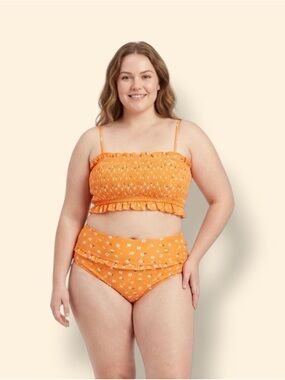 Unk Orange Smocked Ruffle High-Waist Bikini